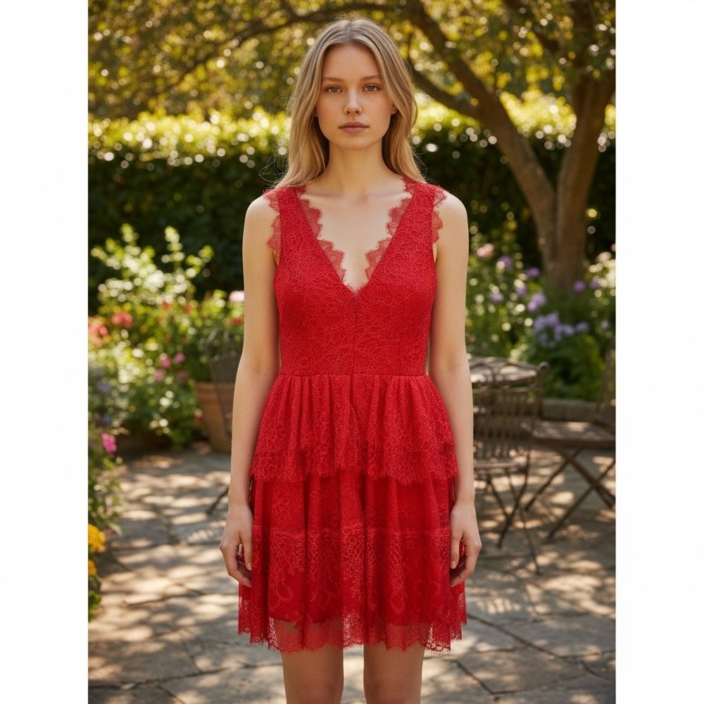 BCBGMAXAZRIA Red Lace Tiered V-Neck Cocktail‎ Dress Sleeveless Size S